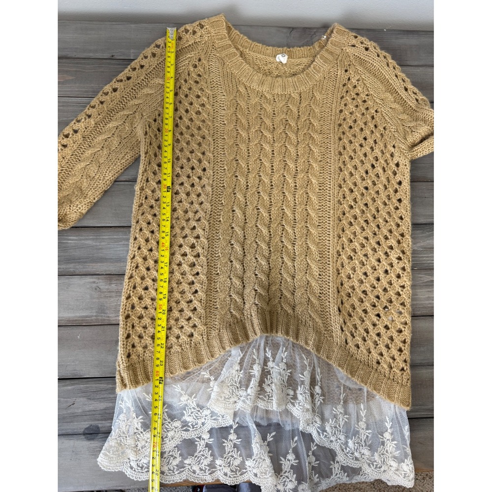 Pol Cable Open Knit Yellow Sweater Floral Lace Hem Raglan Sleeve Oversized S - Picture 11 of 13
